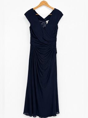 Navy Ruched Column Off Shoulder Long Gown Size 16